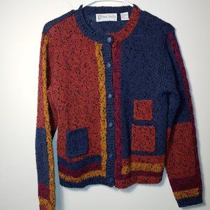Ann Trinity Vintage Knitted Colorblocks Button Down Cardigan Size S Blue